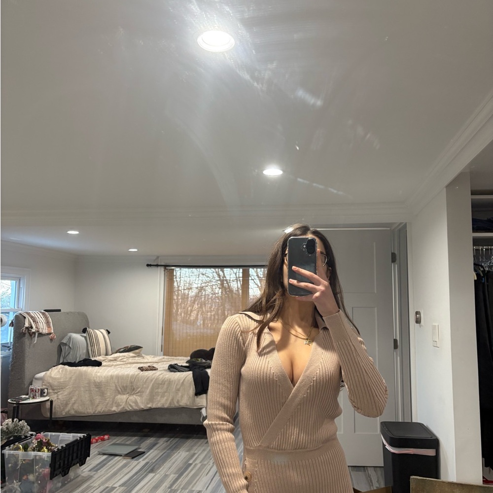 Elegant Beige Wrap Midi Dress